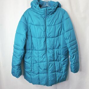 Faded Glory Womens 1X Teal Hooded Puffer Jacket With Front Zipper & Pockets